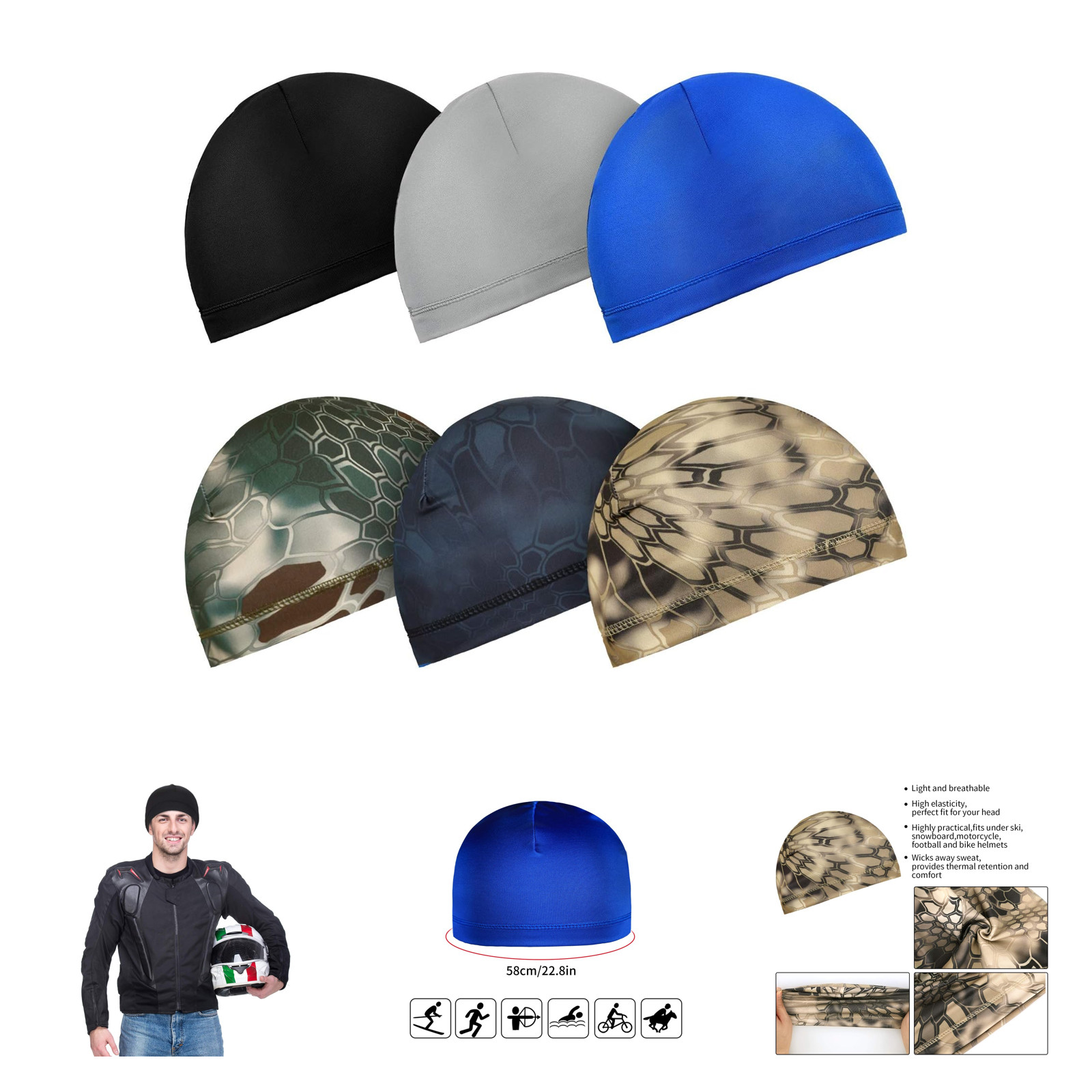 6 Pack Mens Womens Cooling Skull Caps Helmet Liners Sweat Wicking Cycling