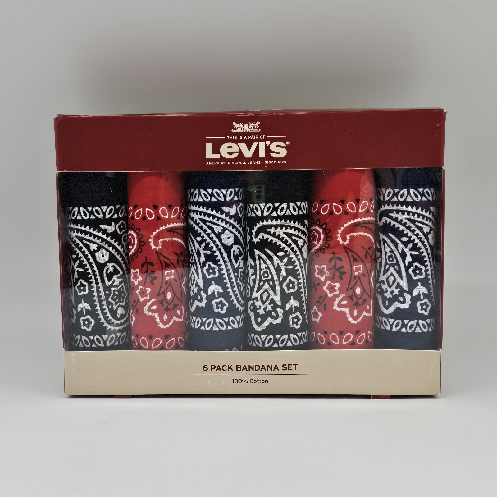 6 Pack Levi's Cotton Bandana Headband Set in Black Red Navy Blue Paisley Prints