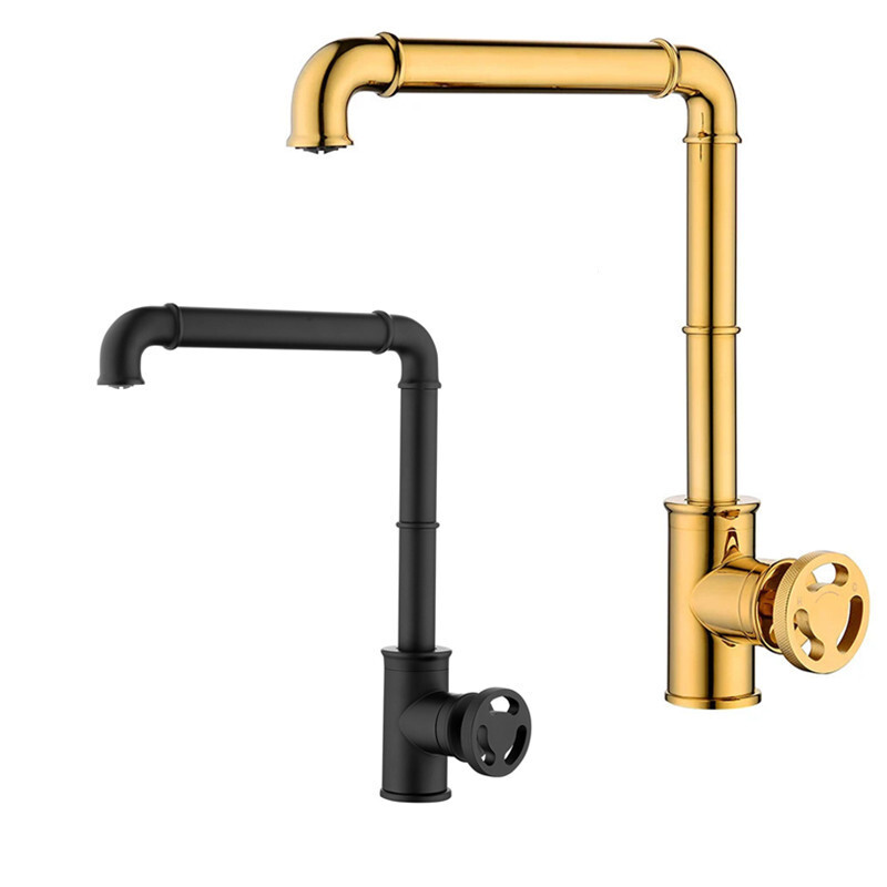 Deck Mounted Kitchen Faucet Single Hole Sink Mixer Brass Black/Polished Gold Tap