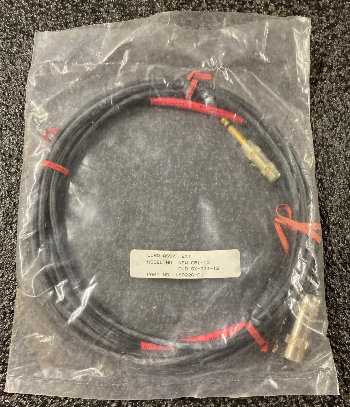 David Clark C51-12 Cord Assembly 12 Foot Part Number 16822G-01