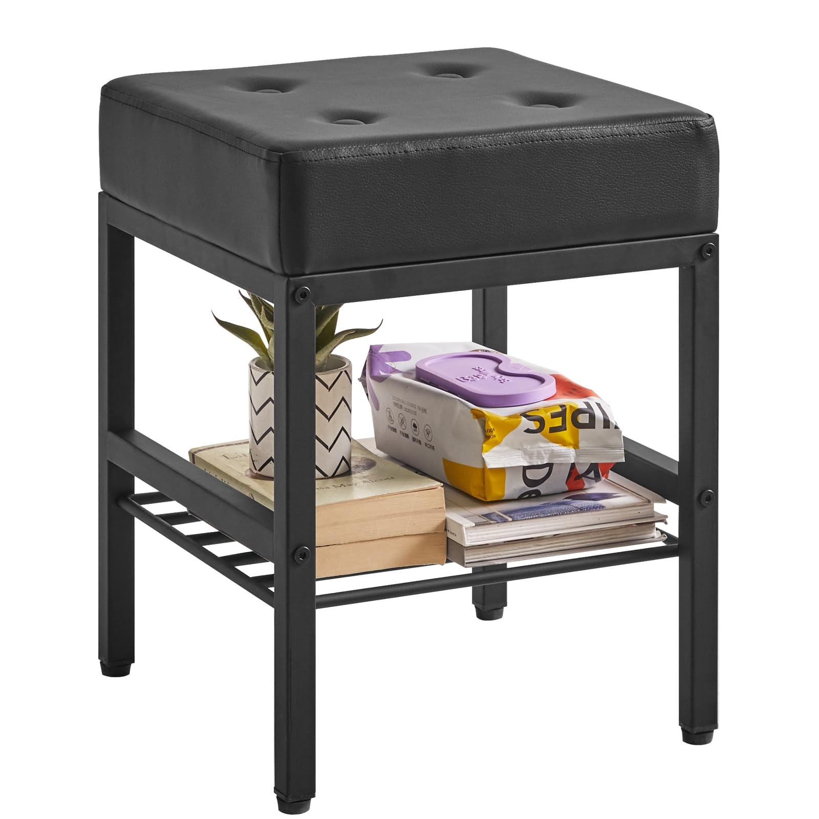 Square Makeup Stool Adjustable Feet Storage Space Footrest Chair PU Vanity