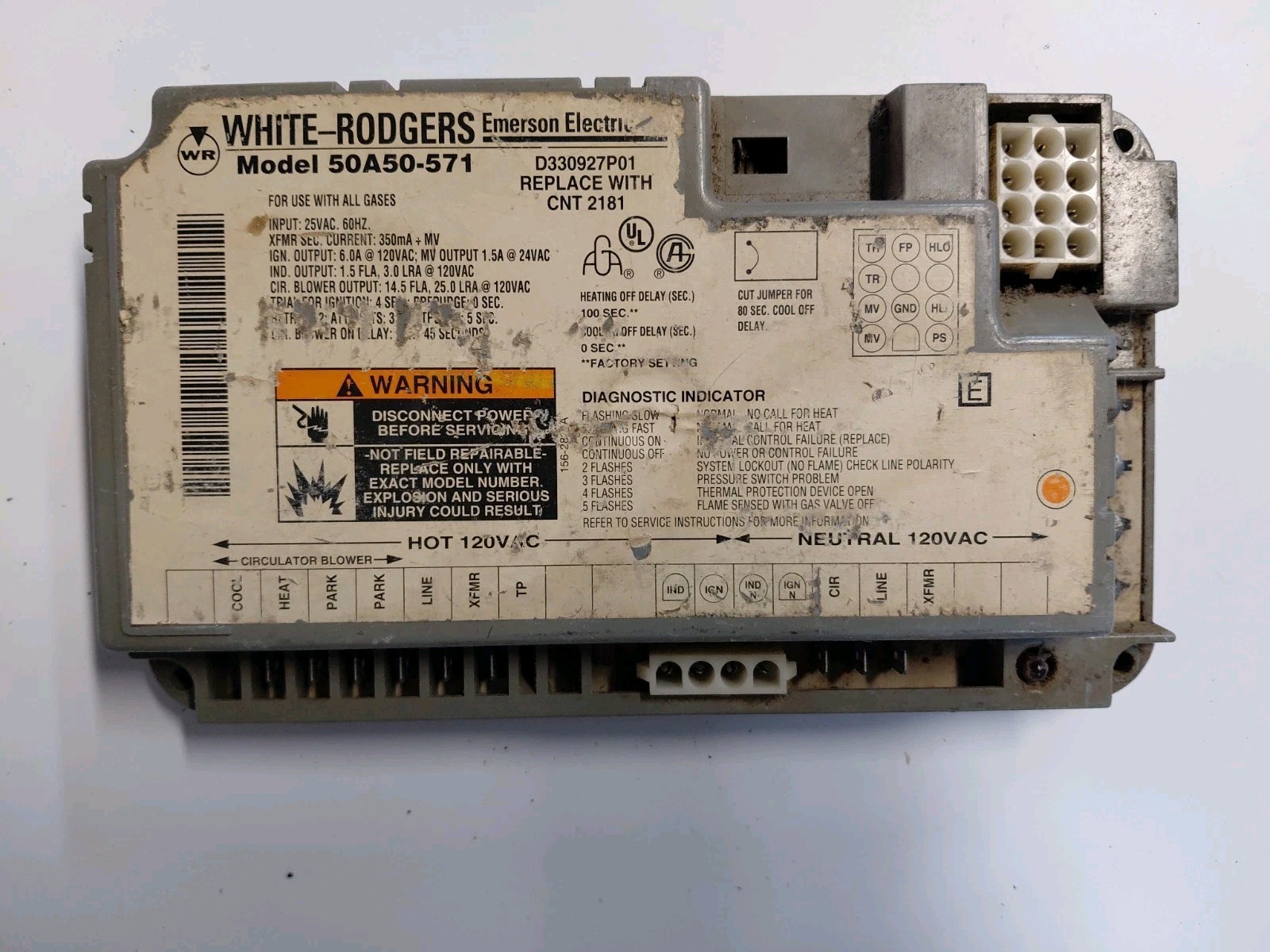 White Rodgers D330927P01 Furnace Control Circuit Board Model 50A50-571 used
