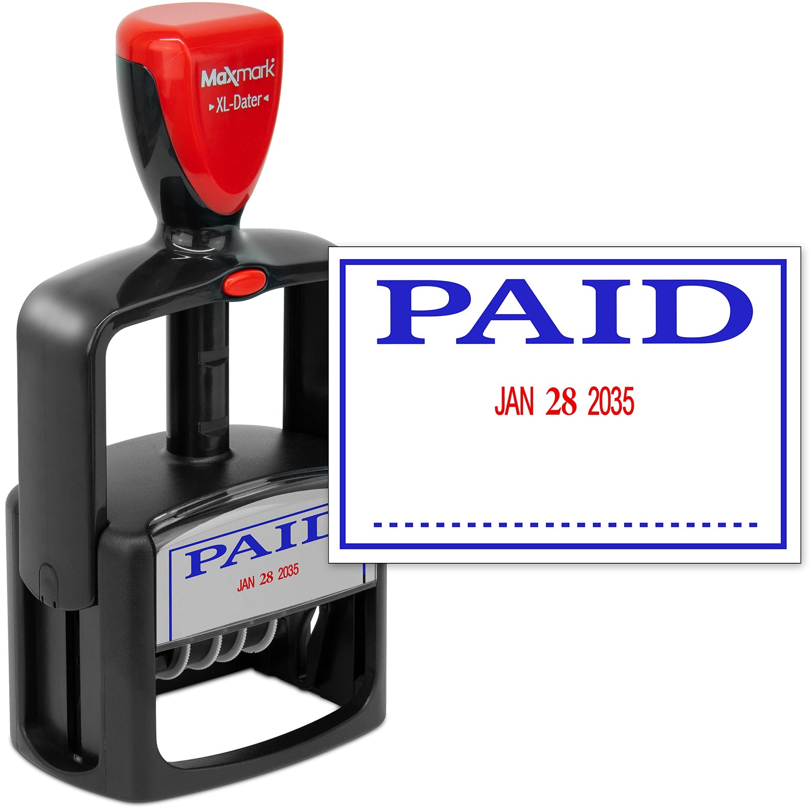 MaxMark Heavy Duty Date Stamp Paid SelfInking 2Color Blue Red Ink