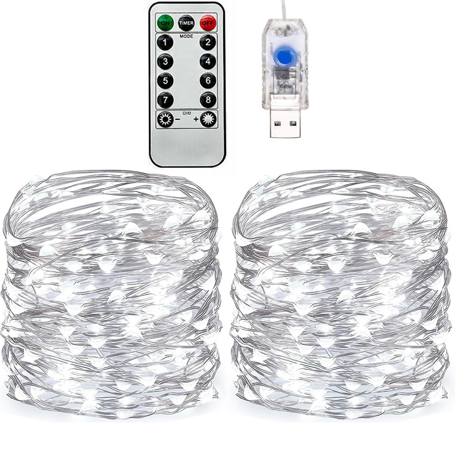 2 Pack 132FT LED String Light USB Fairy Light White 400LED 8 Modes Lighting IP67