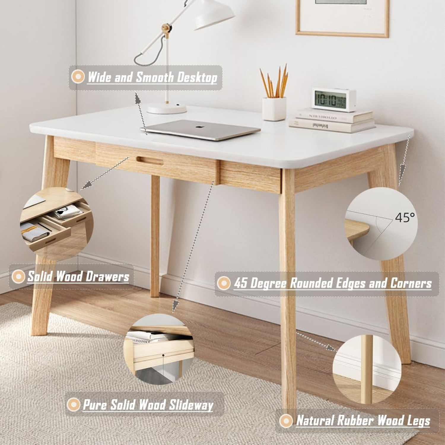 IOTXY Solid Wood Writing Desk - Home Office Laptop Computer Table, White | No...