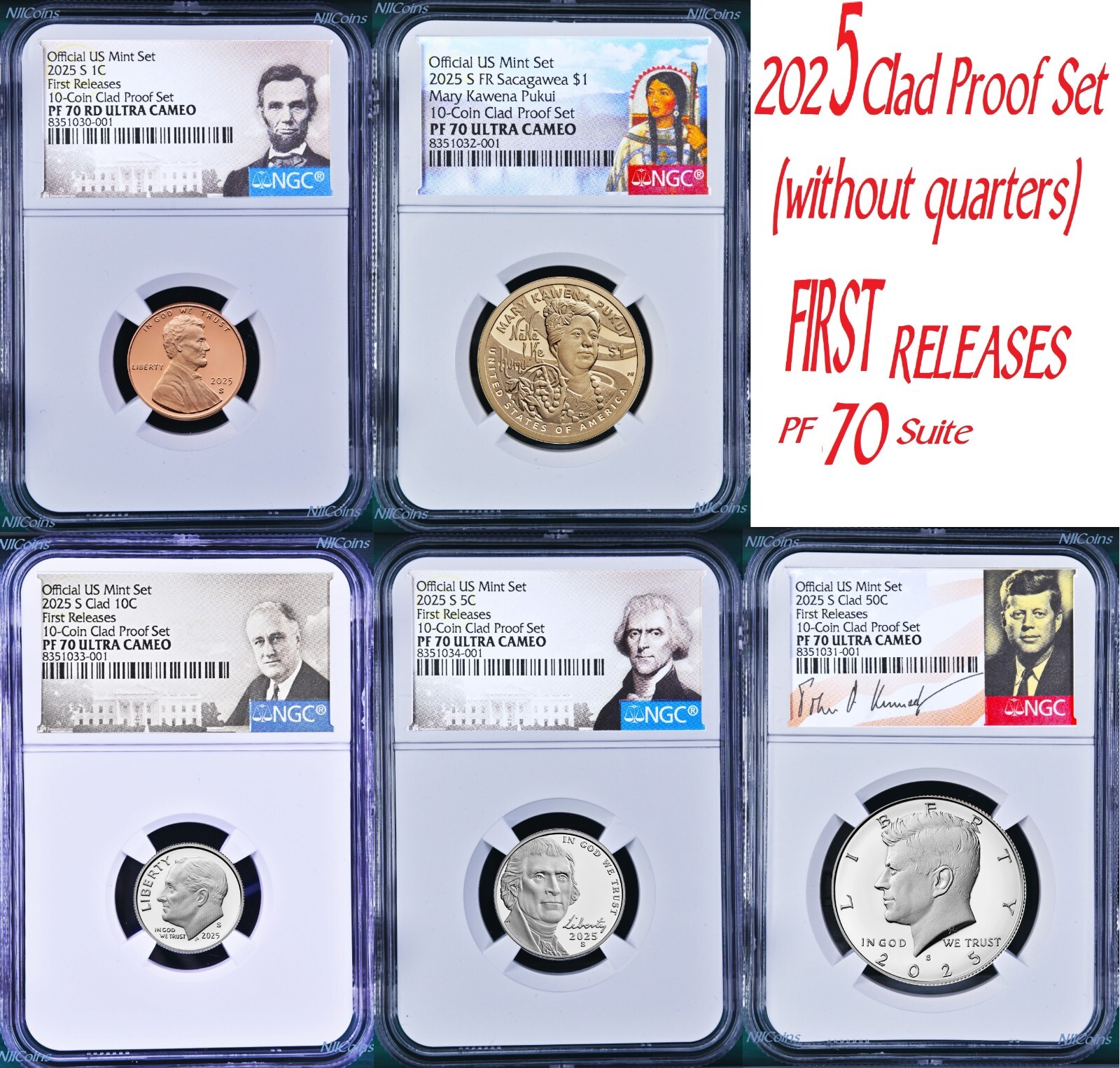 2025 US Mint 5 Coin Clad Proof SET Dime Cent Nickel $1 50c NGC PF70 FR Same End#