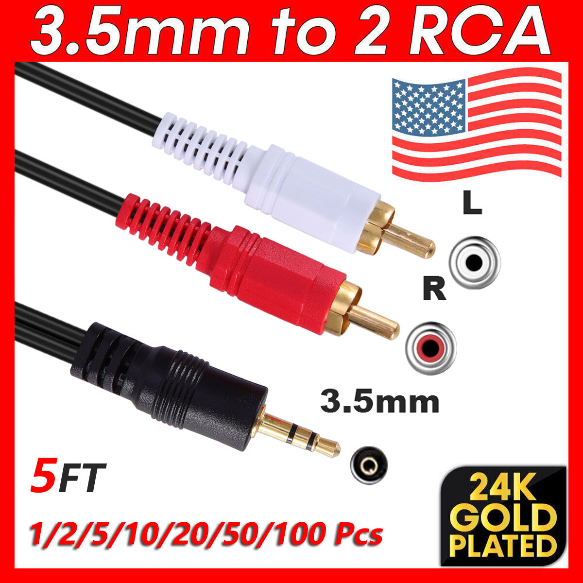2RCA Male Plug to 3.5mm Female Aux Audio Headphone Converter Adapter Cable Lot