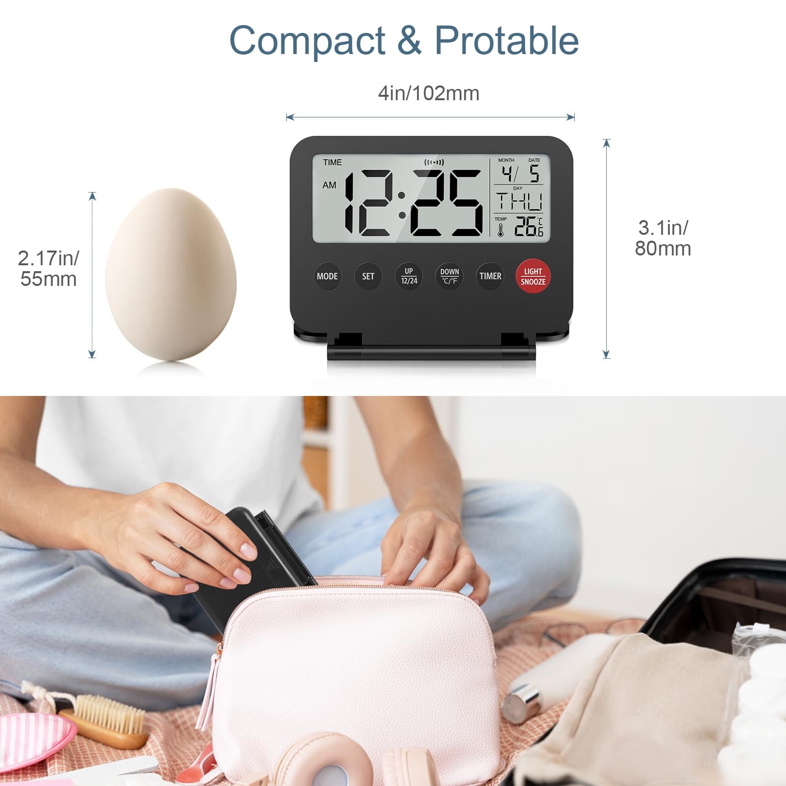 Ankilo Upgraded Digital Travel Alarm Clock, 4 Inch LCD Display Front Button with