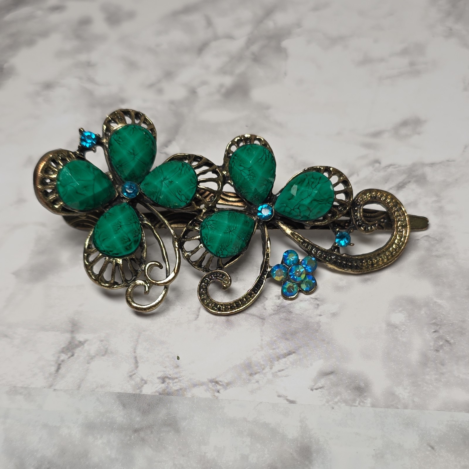 Hair Clip Beaded Bejeweled Rhinestone Retro Green Blue Burnished Gold 4"no slip