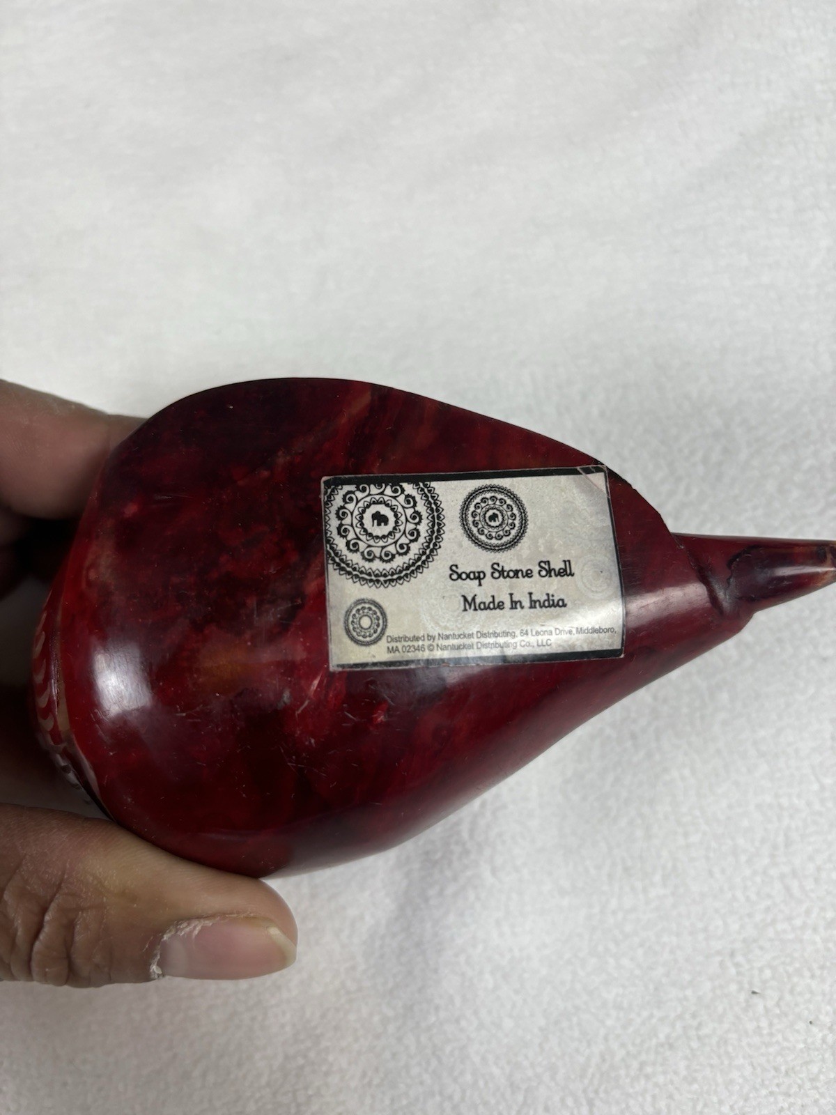 Hand Carved Soapstone Shell Decor Box Made in India Red Stone