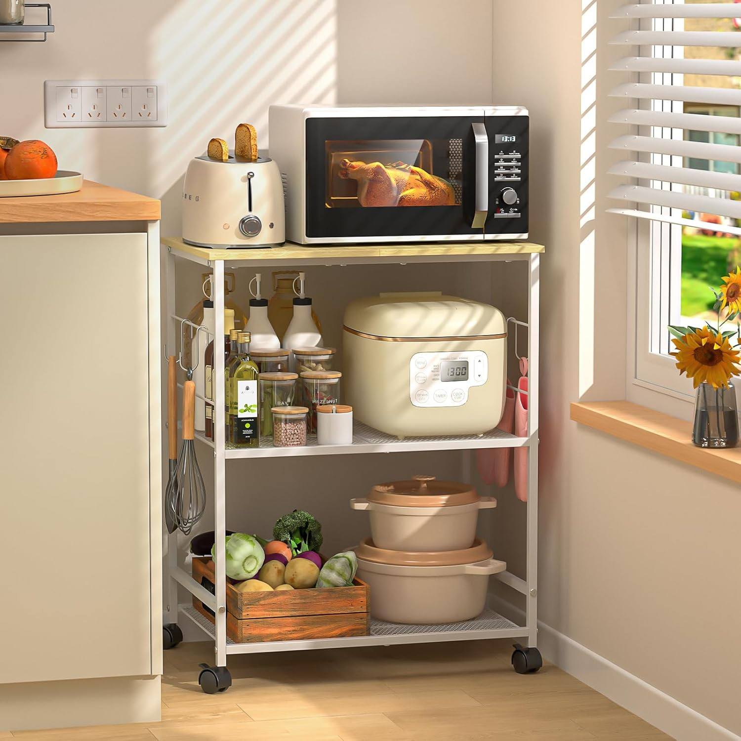 Rolling Kitchen Microwave Cart, 3 Tier Microwave Table Stand with Storage, Kitch