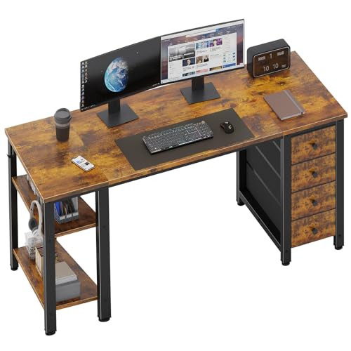 55 inch Computer Desk with 4 Fabric Drawers & Storage Shelves, Writing Work