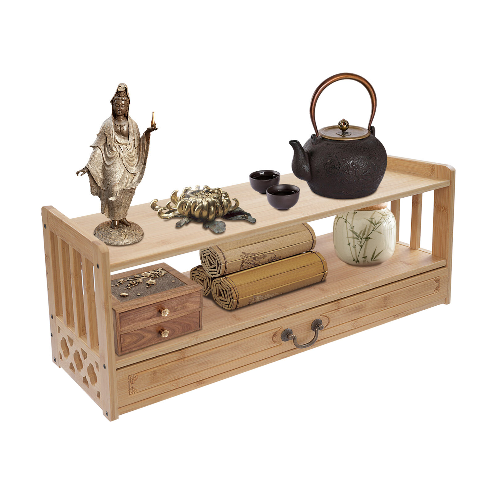 Freestanding Desktop Organizer Altar Table with Drawer Meditation Storage Table