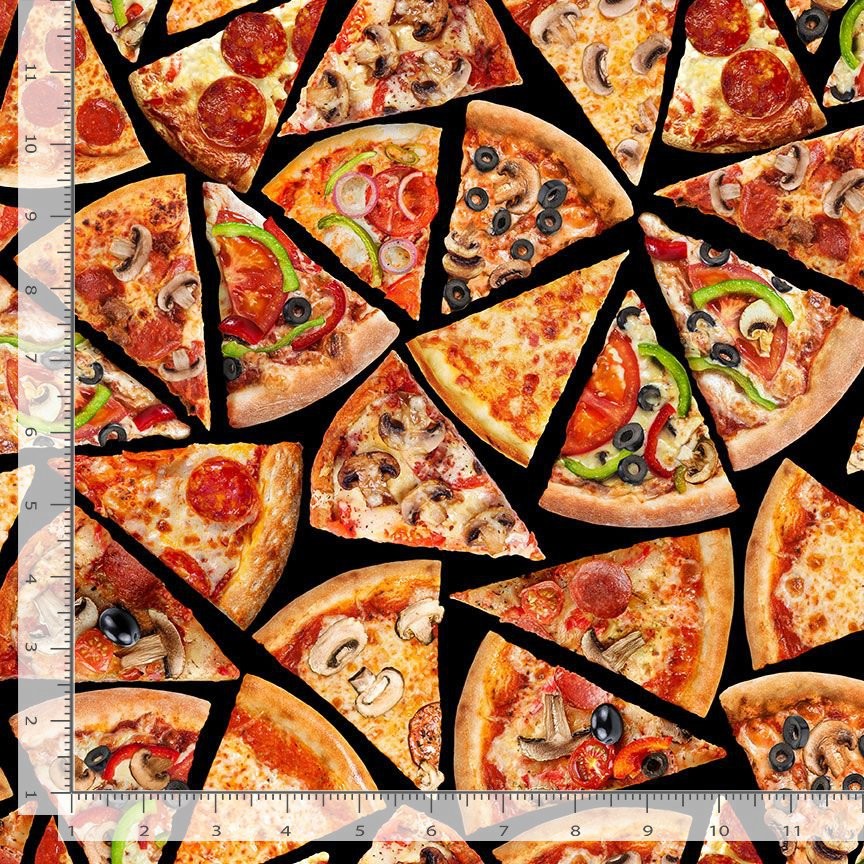 Comfort Food Fabric | Tossed Pizza Slice Black | Timeless Treasures YARD