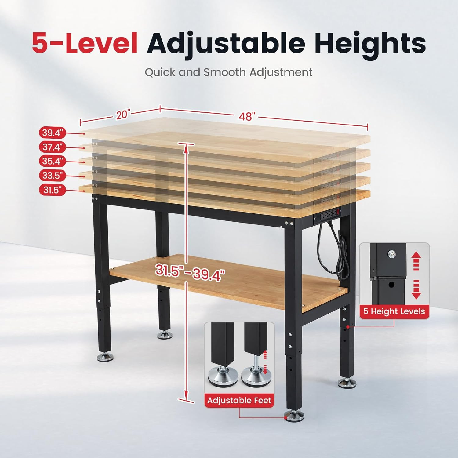 48 Inch Work Table for Garage Adjustable Height Rubber Wood Tabletop Workbench w