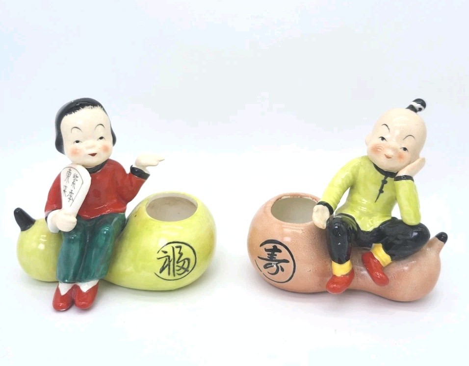 Set Of 2 Napco Ceramic Oriental Asian Japan Hand Painted Bamboo Planters