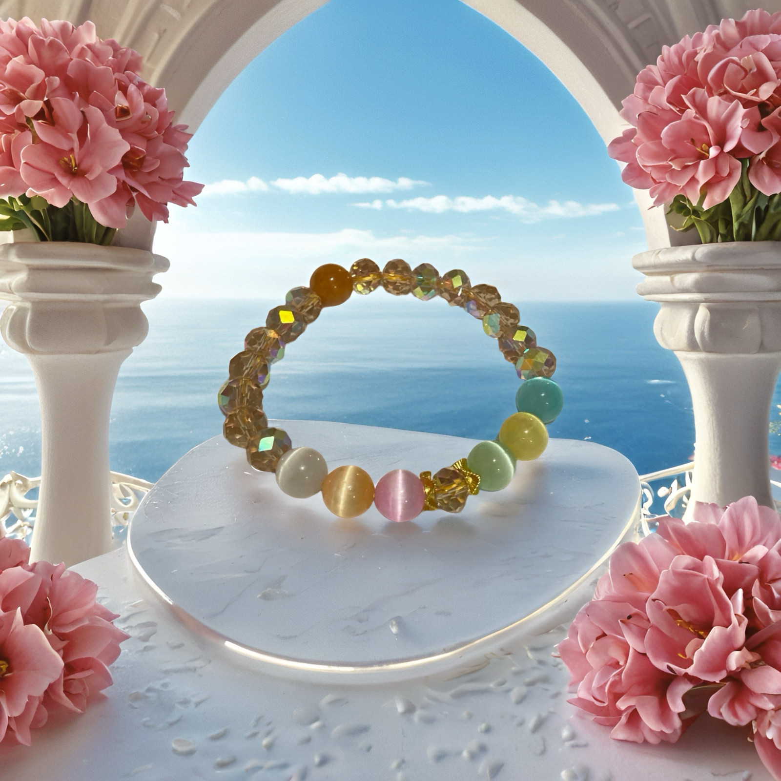 Handmade Silver Champagne Selenite Calming Bracelet for women