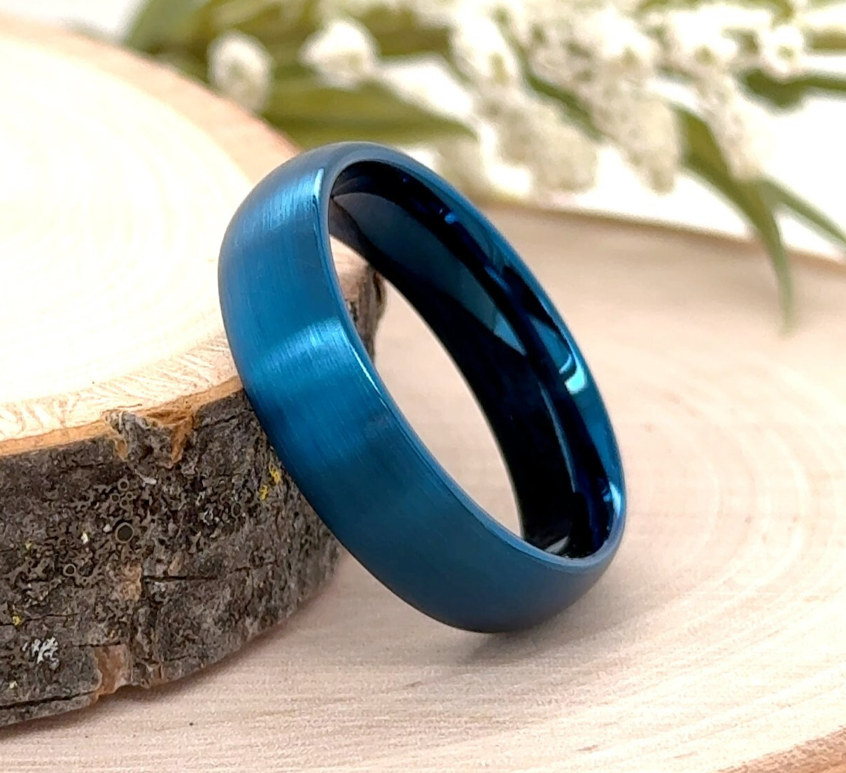Blue Tungsten Engraved Men Ring For Christmas 6MM Brushed Polished Edges Band