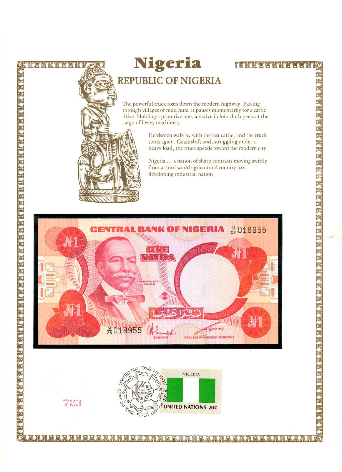 Nigeria 1 Naira 1979 P-19c UNC w/ FDI UN FLAG STAMP M/28 018955