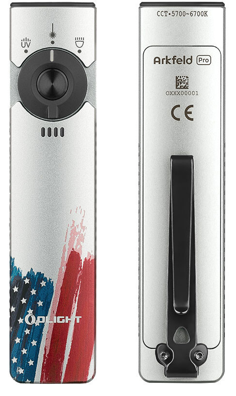 Olight Arkfeld Pro Stars & Stripes Flat EDC Flashlight, CW/Green Beam/UV, 1300 L