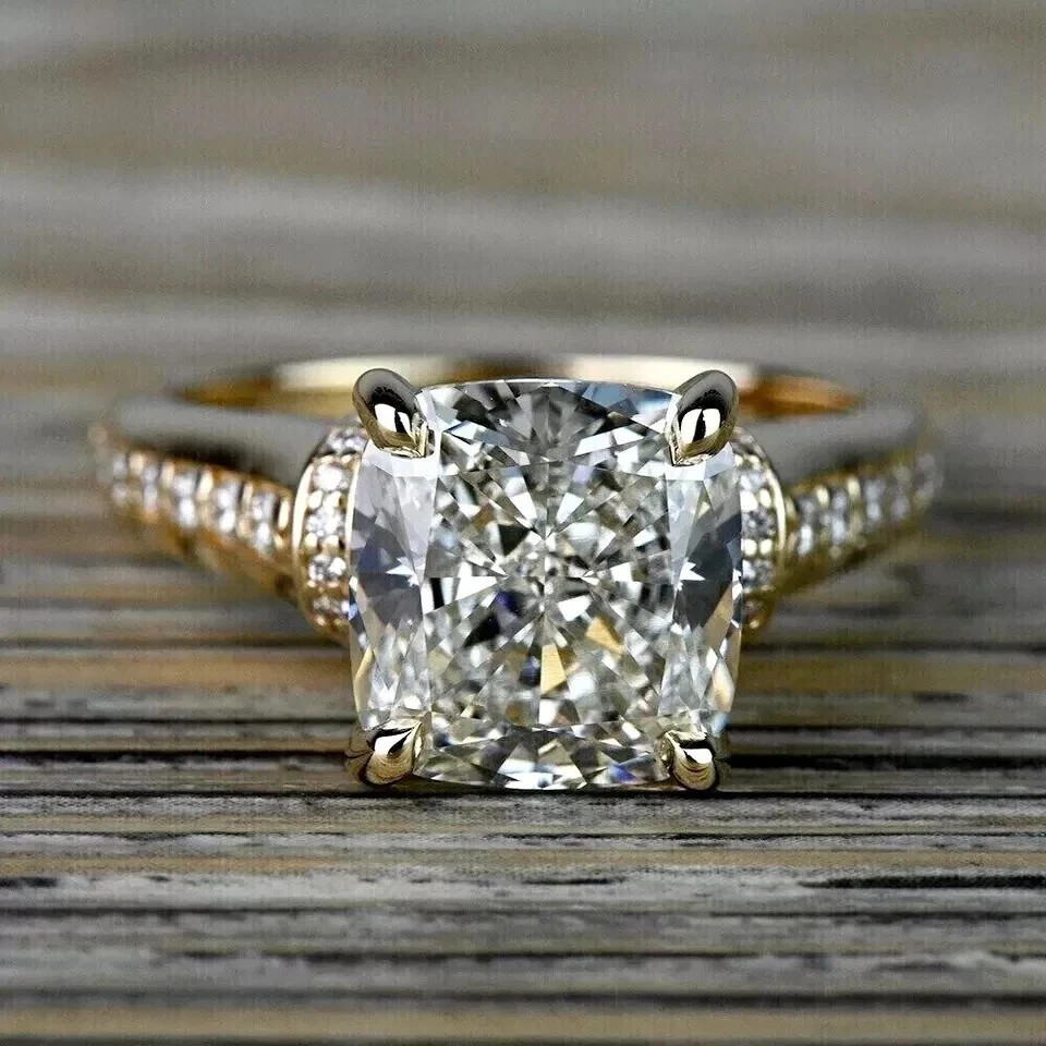 2Ct Cushion-Cut Lab Created Solitaire Engagement Ring 14k Yellow Gold Plated
