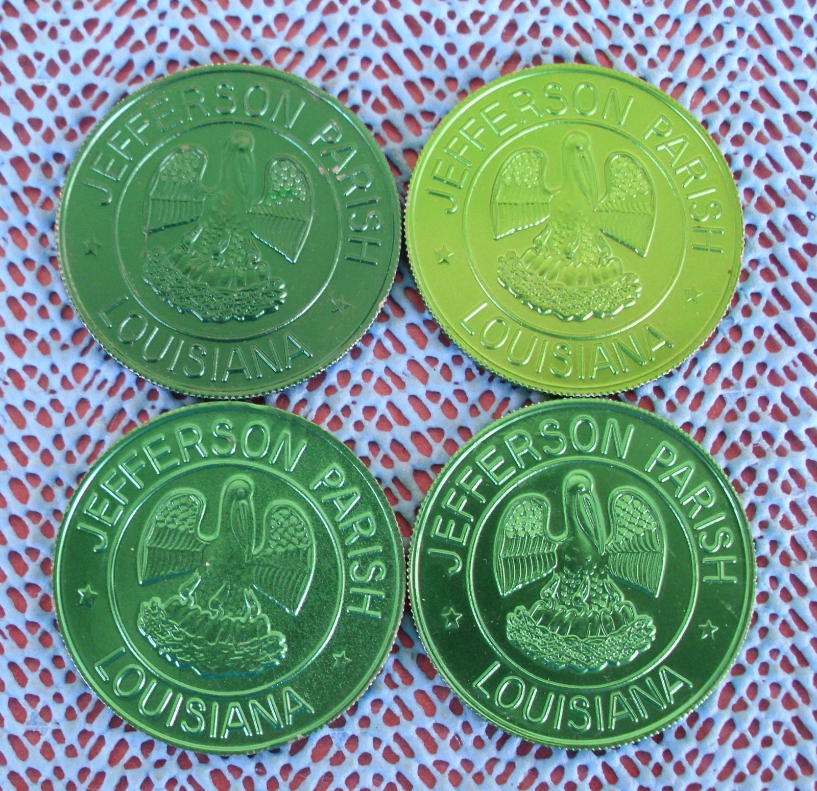 1974 Jefferson Parish (Jeff. Trucks) 4 green aluminum St. Patrick's Doubloons