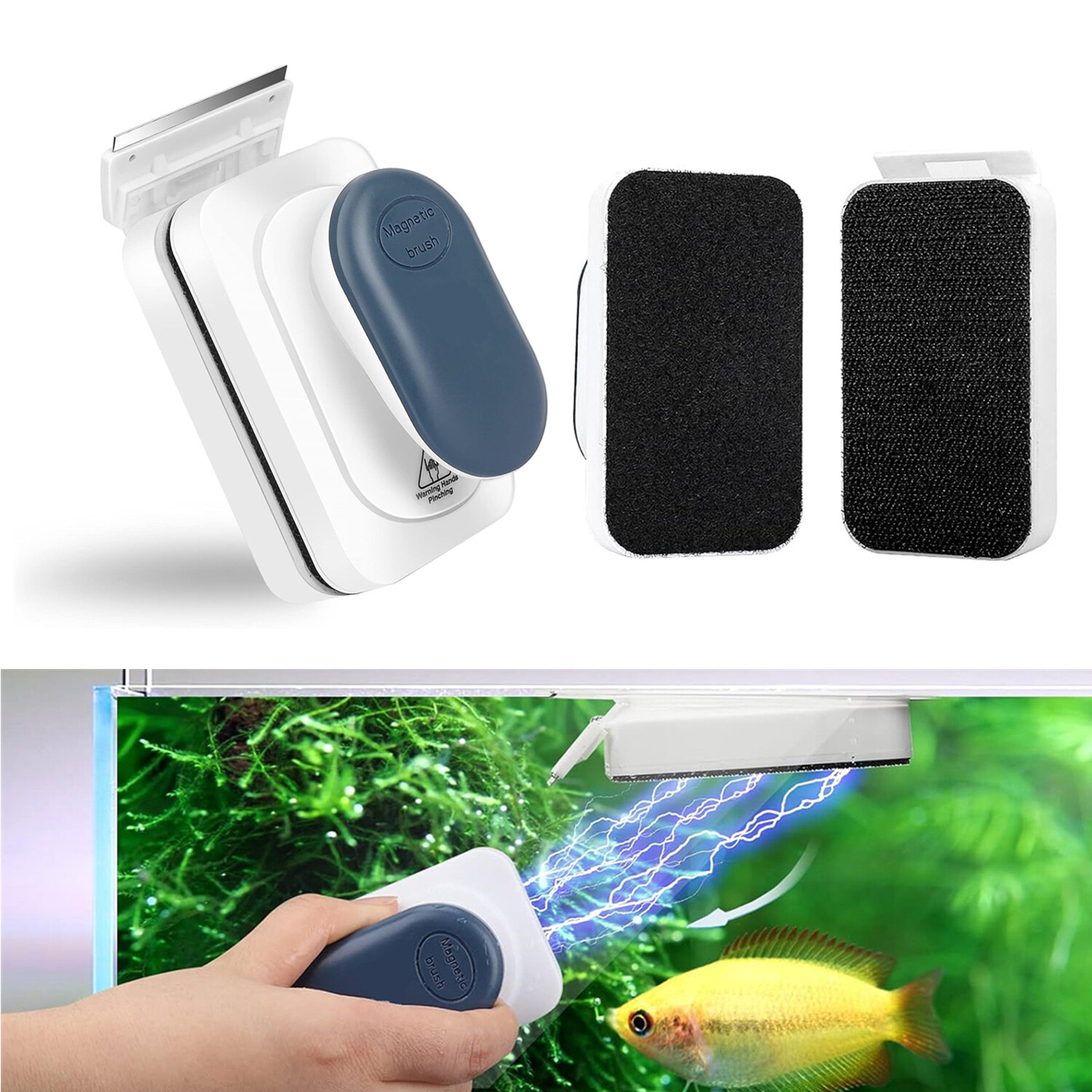 Aquarium Magnetic Glass Cleaning Brush with Detachable Scrapers&Ergonomic Handle