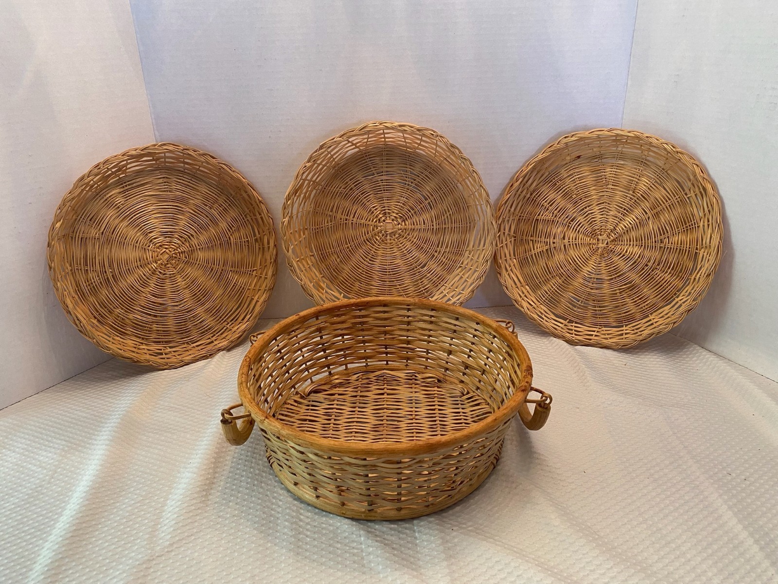 Vintage wicker basket with Handles and 3 vintage wicker plate holders