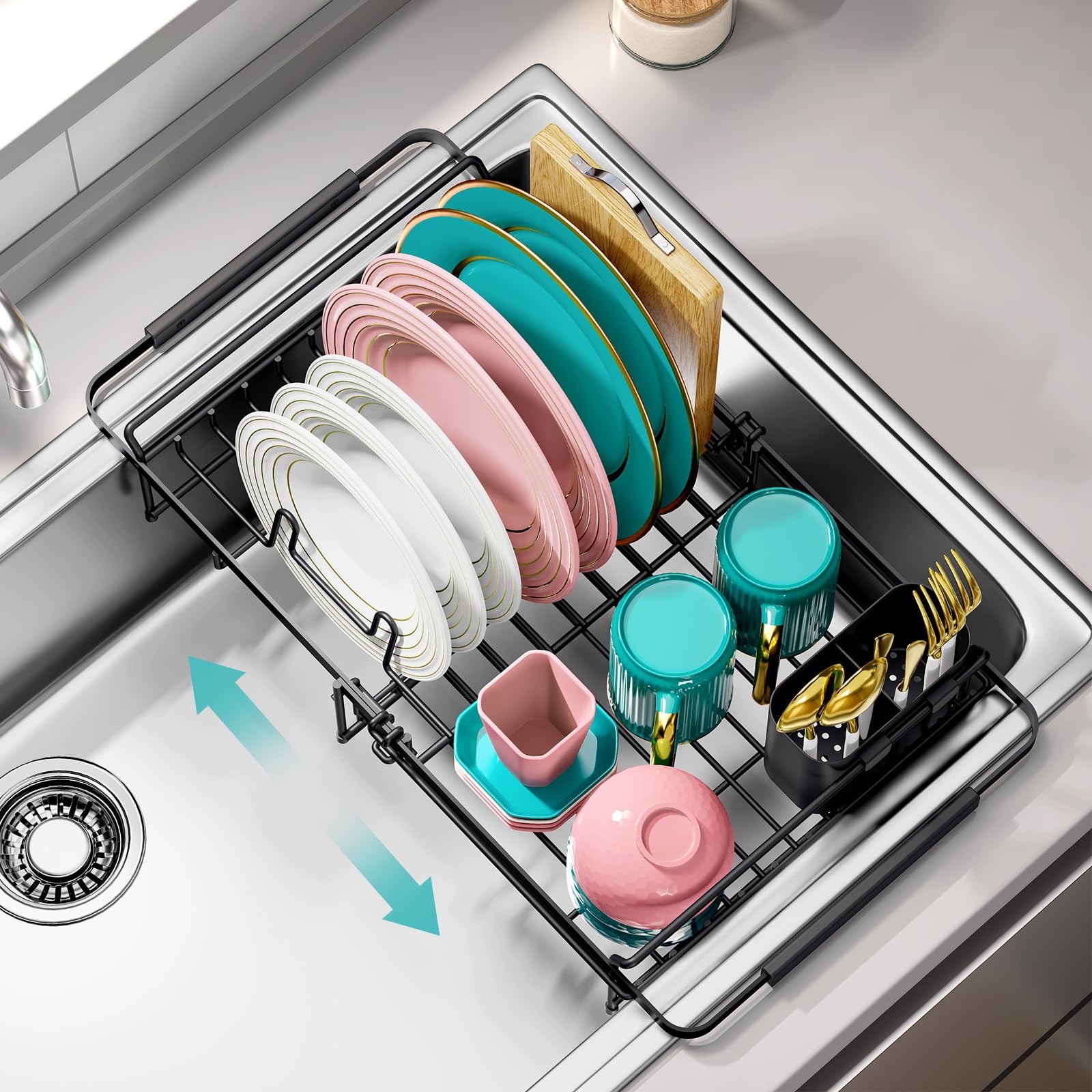 Escurridor De Platos Trastes De Acero Inoxidable Ajustable Para Sobre Fregadero