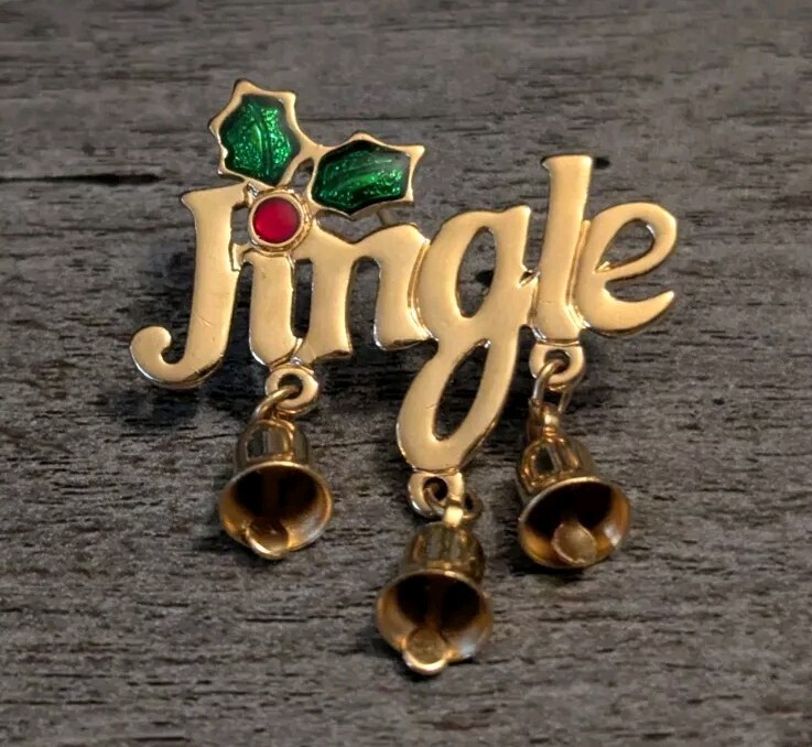 Gold "Jingle" Bells Holly & 3 Bells Christmas Lapel Pin/Brooch