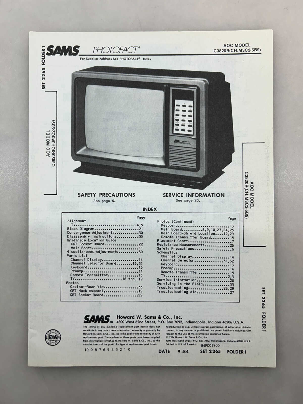 AOC C3820R Service Manual Sams Photofact Free Shipping