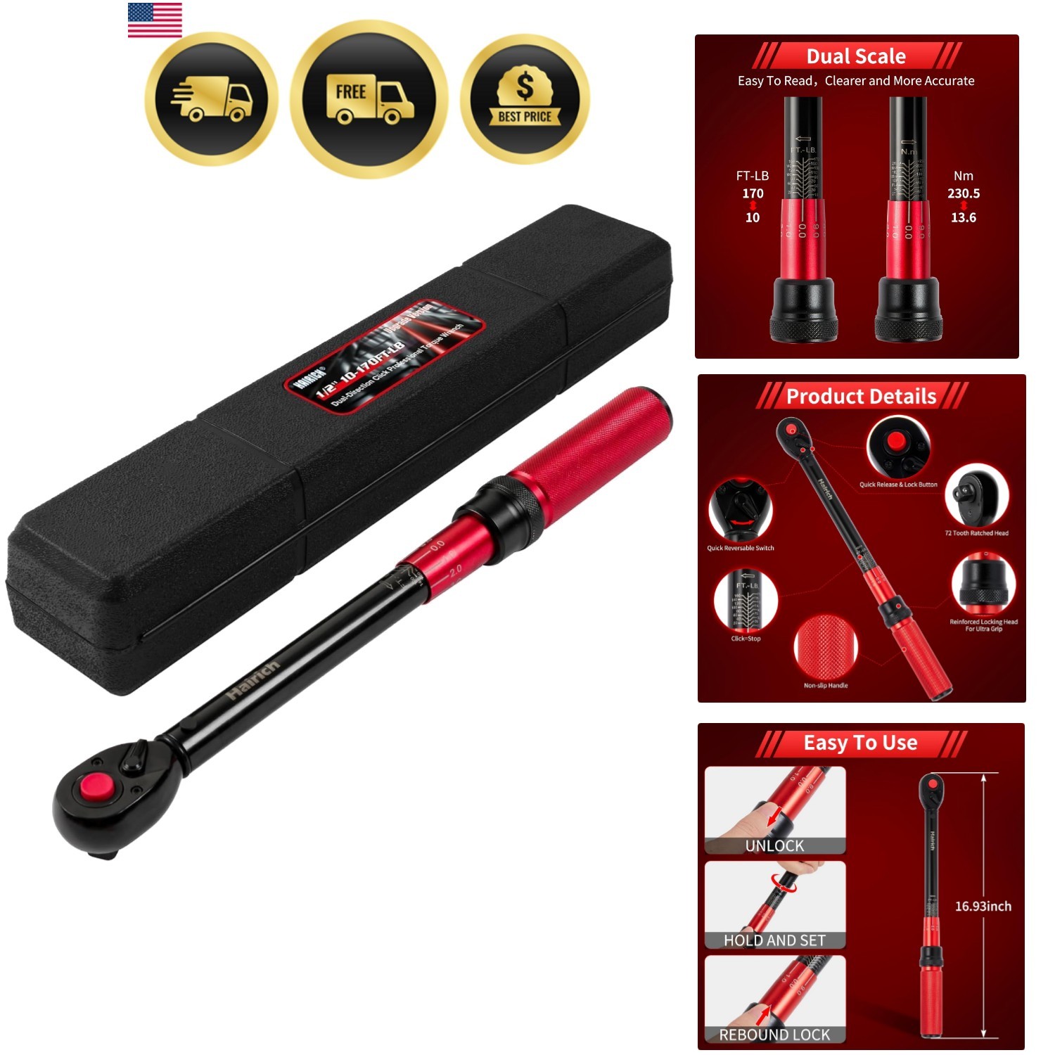 1/2 Inch Drive Click Torque Wrench, Dual-direction Torque Wrench 10-170.0ft.l...