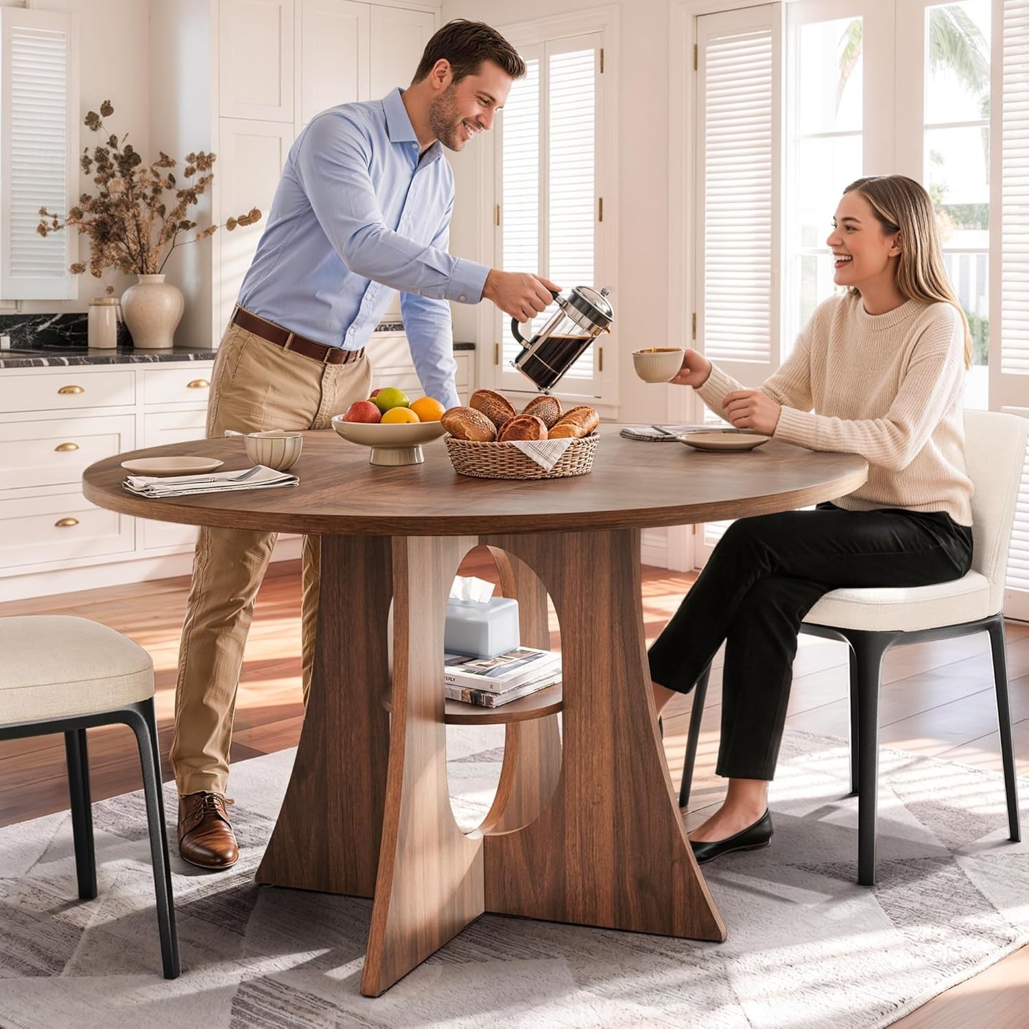 47" Round Dining Table for 4-6, Space-Saving Dining Room Table with Thick Tab...