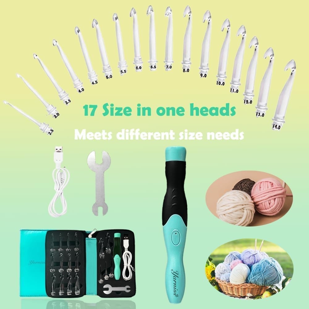 Compact Light-Up Crochet Hook Set: 17 Sizes (2.5mm-14mm) for Easy Crafting