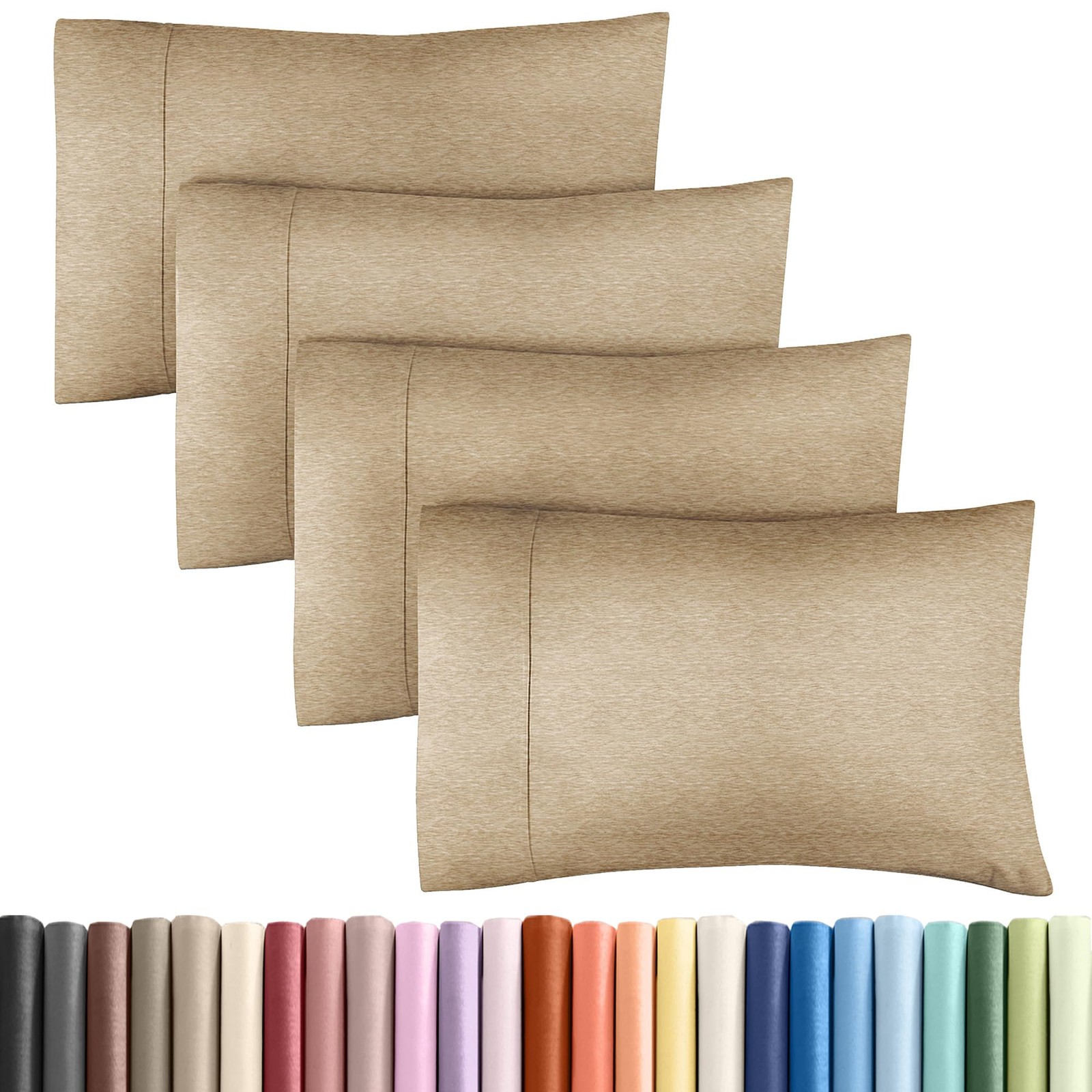 Queen Bed Pillowcases, 4 Piece, Soft And Durable, Heathered Brown