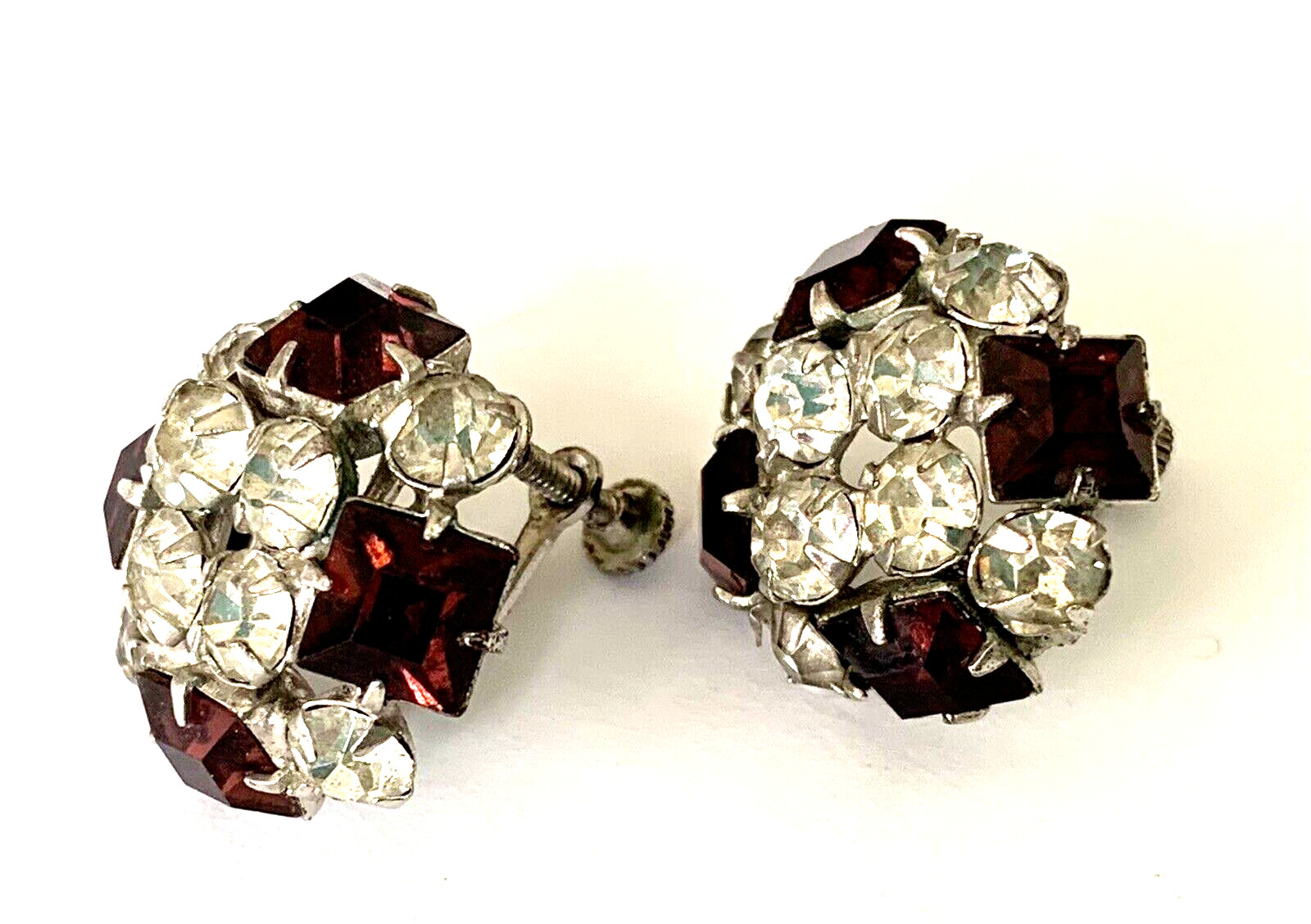 Screw Back Vintage Earrings Flower Cluster Purple & Clear Stones Granny Core