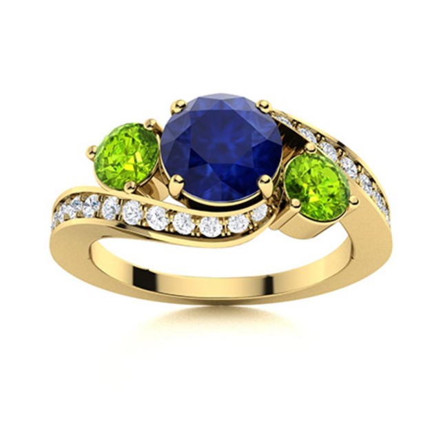 925 Sterling Silver Gold Plated Blue Sapphire & Peridot Three Stone Women Ring