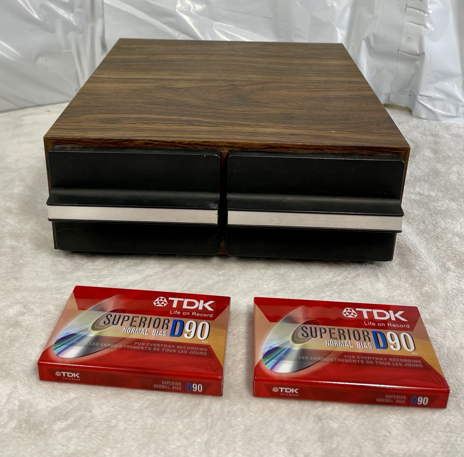 Vintage Audio Cassette Storage Cabinet Faux Wood 24 Tape Capacity & 2 Cassettes