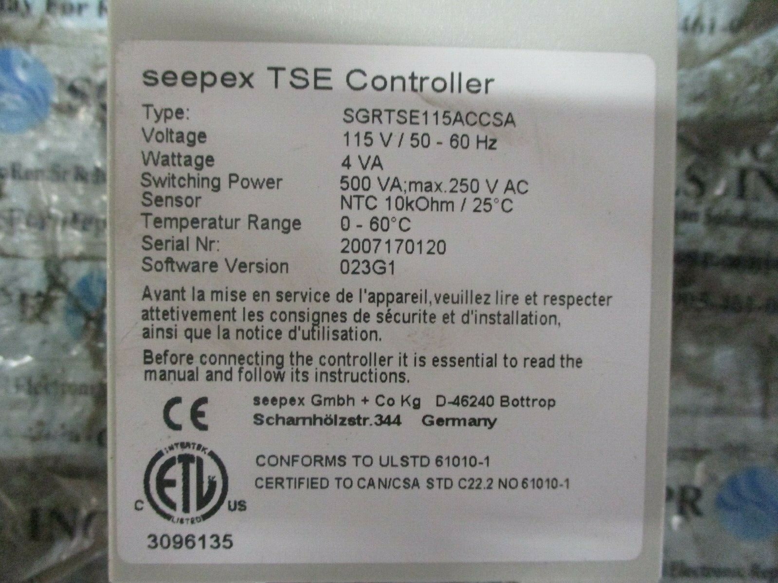 Seepex SGRTSE115ACCSA TSE Controller 115VAC 4VA Software Ver. 023G1 *Tested*