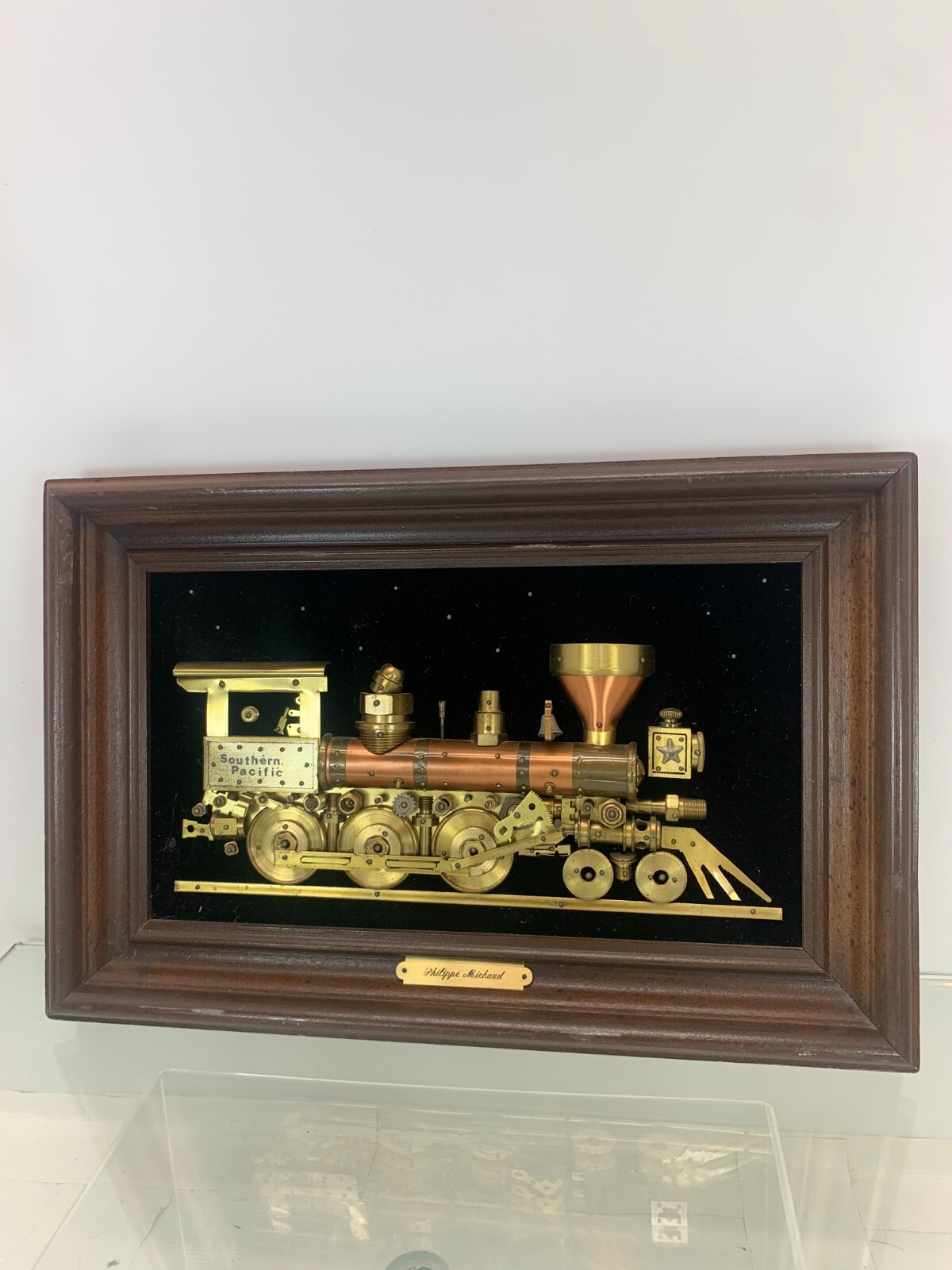 PHILIPPE MICHAUD Southern Pacific Locomotive Train Metal Art Wood Framed 8x12