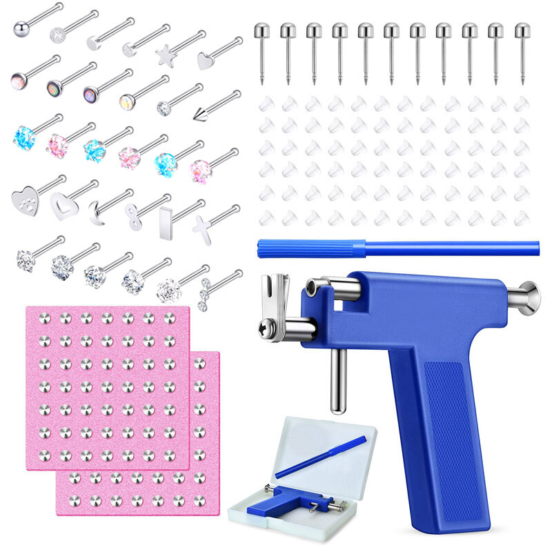 Professional Body Piercing Gun Kit 128 Studs Ear Nose Navel Lip Salon Home Use