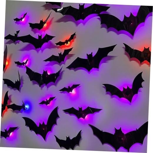 36 Pack 3D Halloween Bat Stickers - Red, Purple, Blue - Wall Decor