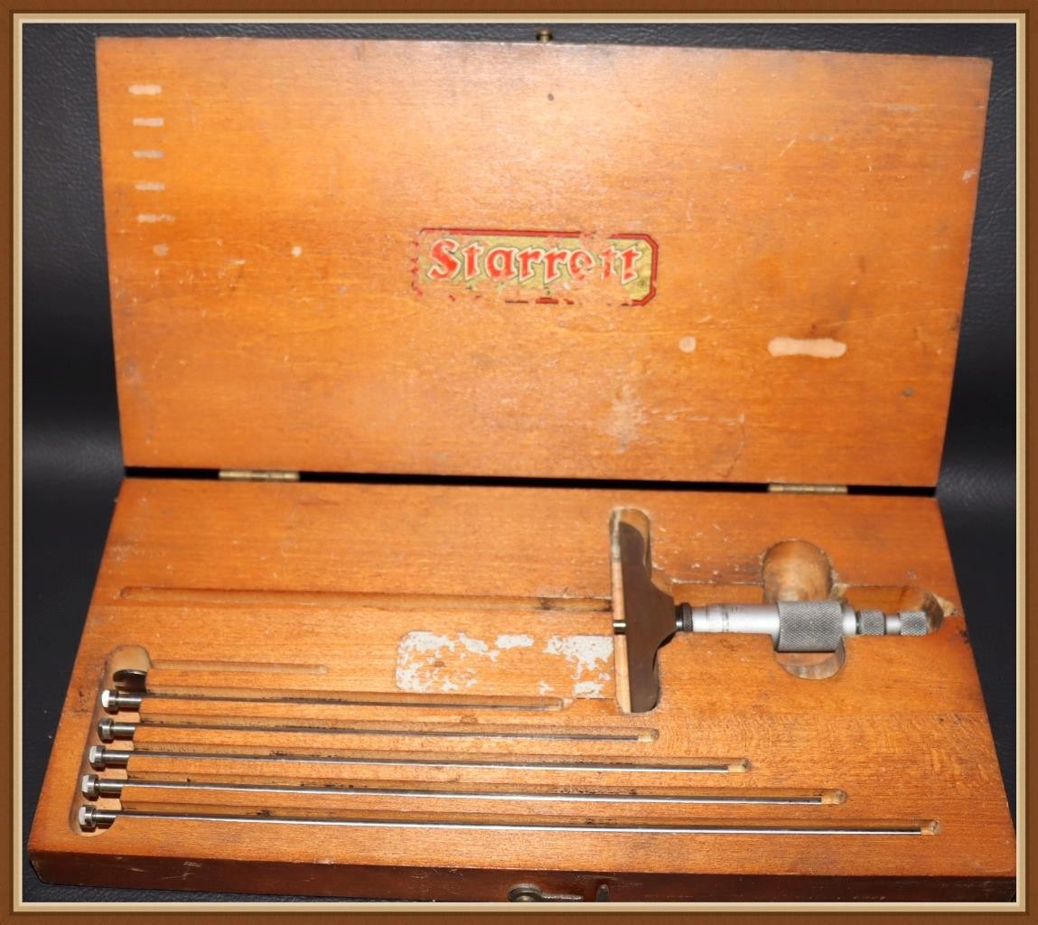 VINTAGE - STARRETT No. 445 DEPTH MICROMETER GAUGE & DEPTH RODS - WOODEN BOX CASE