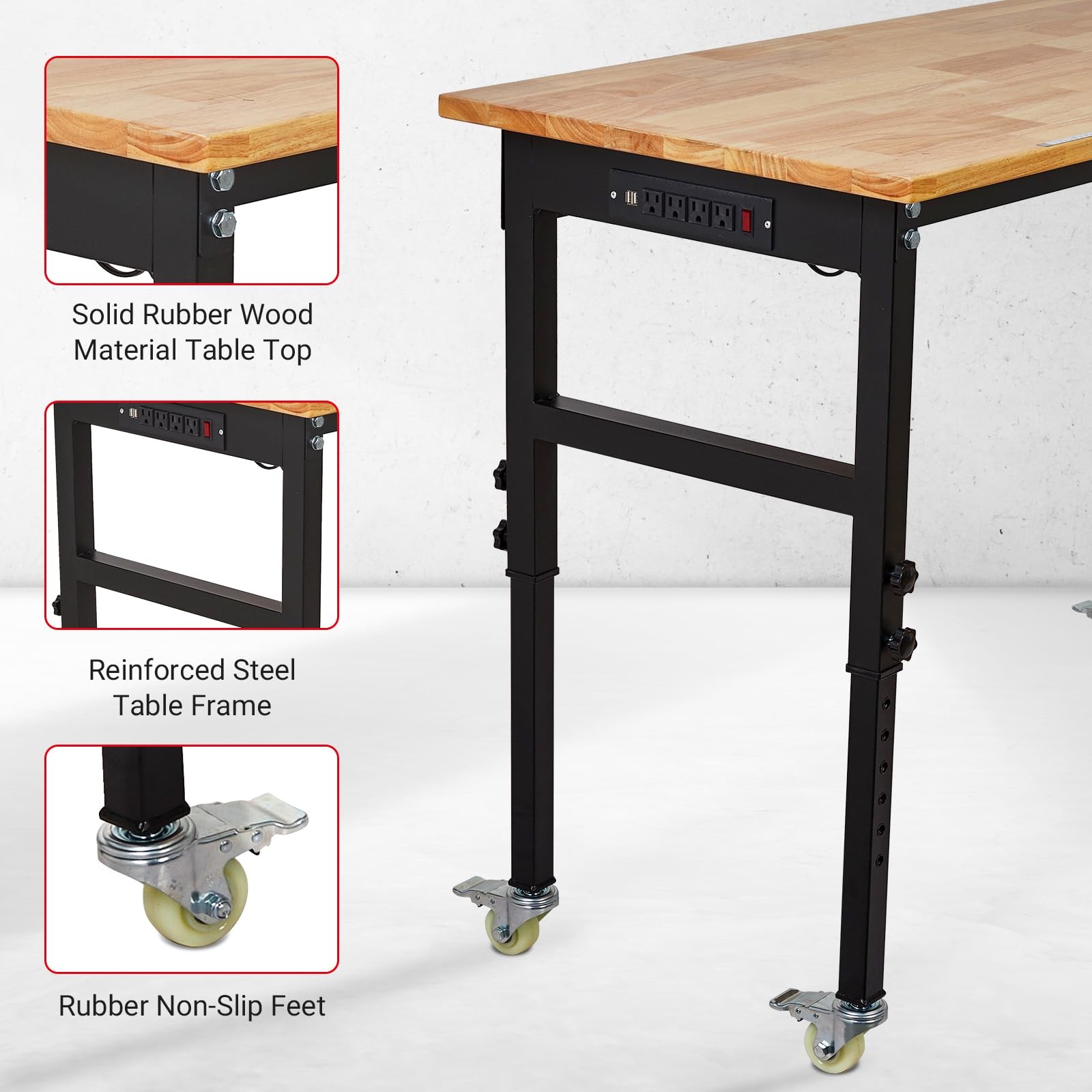 70" Adjustable Height Workbench&Wheels,2000 lb Rubber Wood Top,Power Outlets