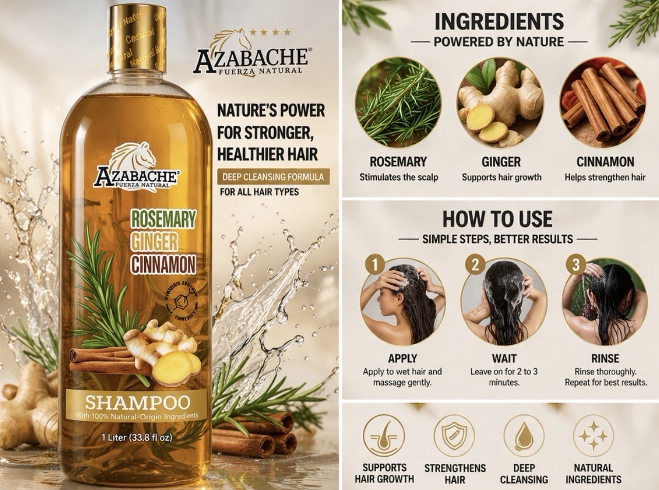 AZABACHE Shampoo, Cinnamon, Ginger, Rosemary 1L
