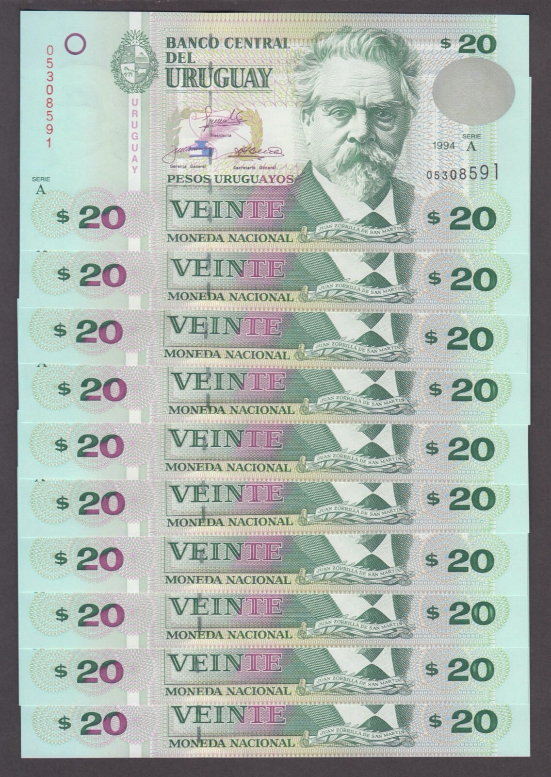 URUGUAY P.74a  20 PESOS 1994 SERIE A DEALER LOT OF 10 PCS  UNC   YYY    2407