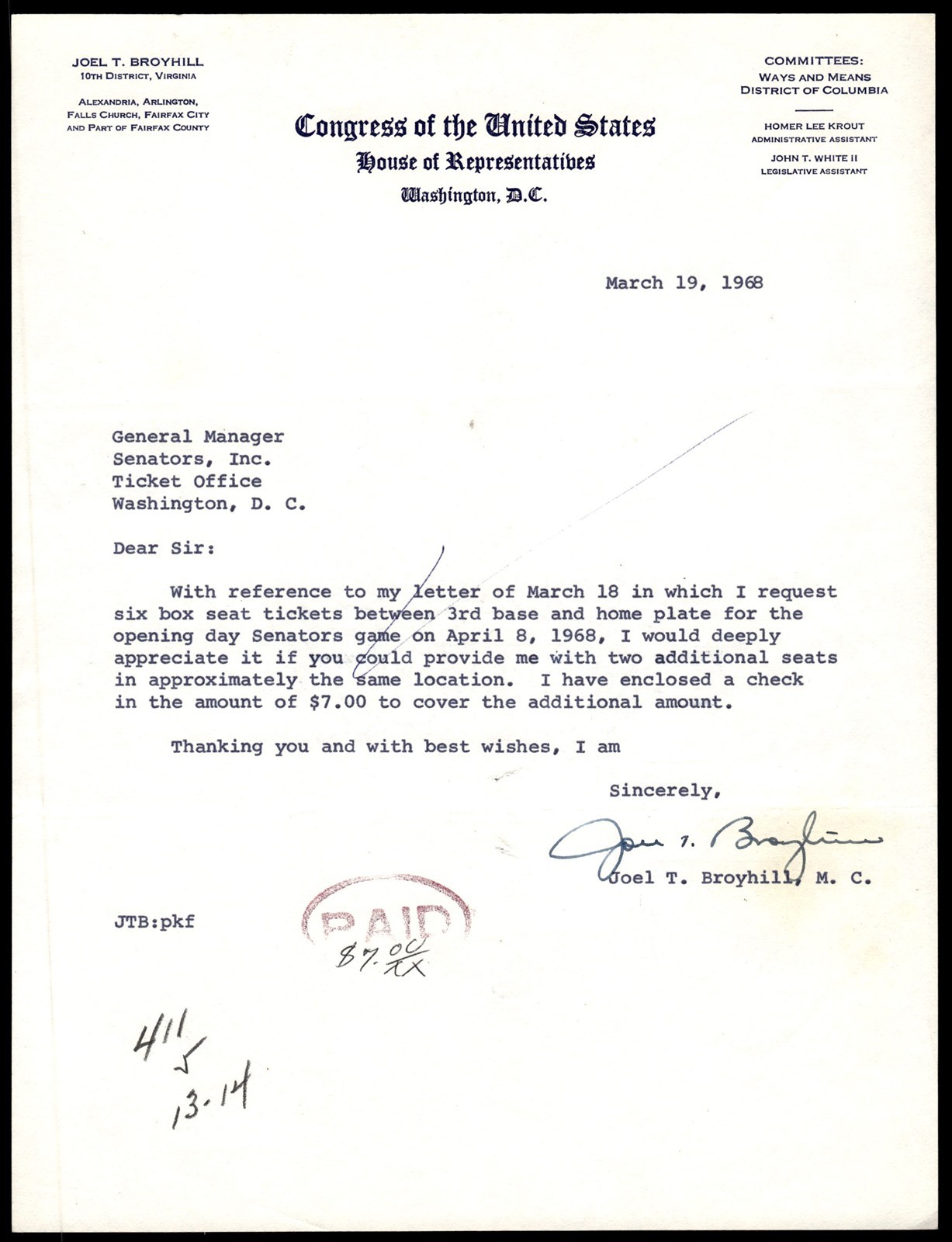 Joel Broyhill Signed U.S. House of Reps 1968 Letter to Wash. Senators *CF260