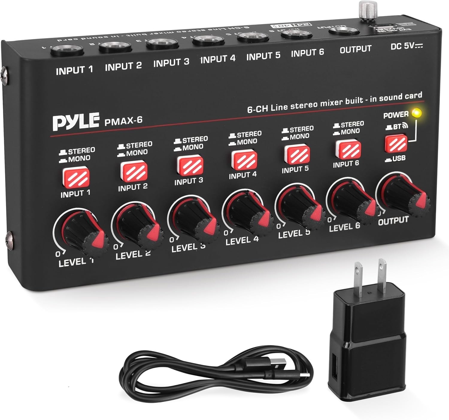 6-Channel Bluetooth Mini Line Mixer with USB Audio Interface - 6 Mono/Stereo Swi