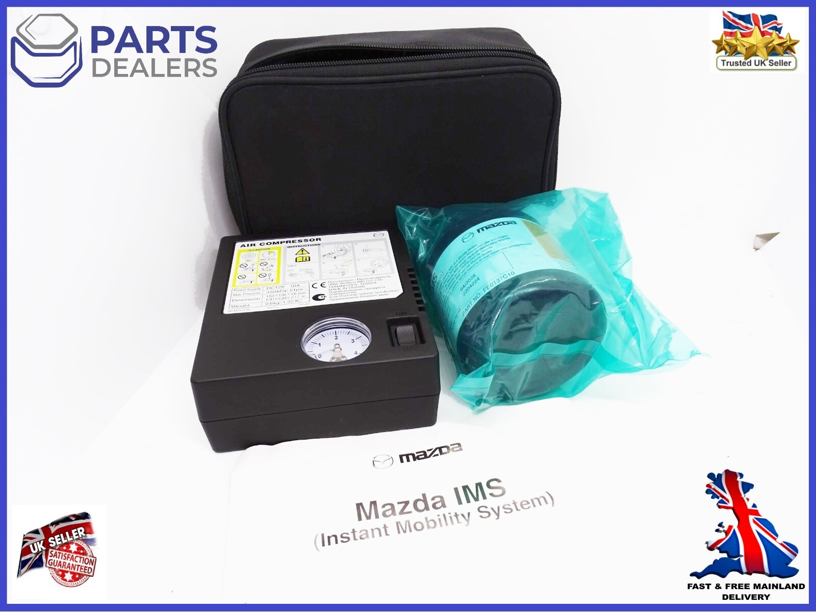 GENUINE MAZDA TYRE PUNCTURE REPAIR KIT PUMP INFLATOR SEALANT GLUE BOTTLE BAG SET