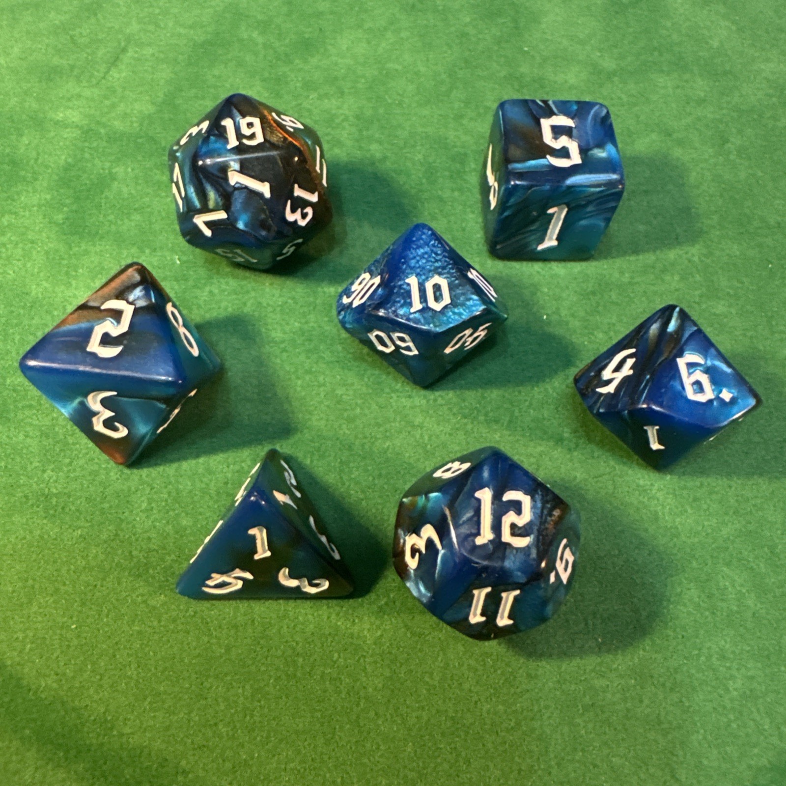 Blue-Brown Iridescent Marbled 7-piece Acrylic Dice Set - RPG DND 24